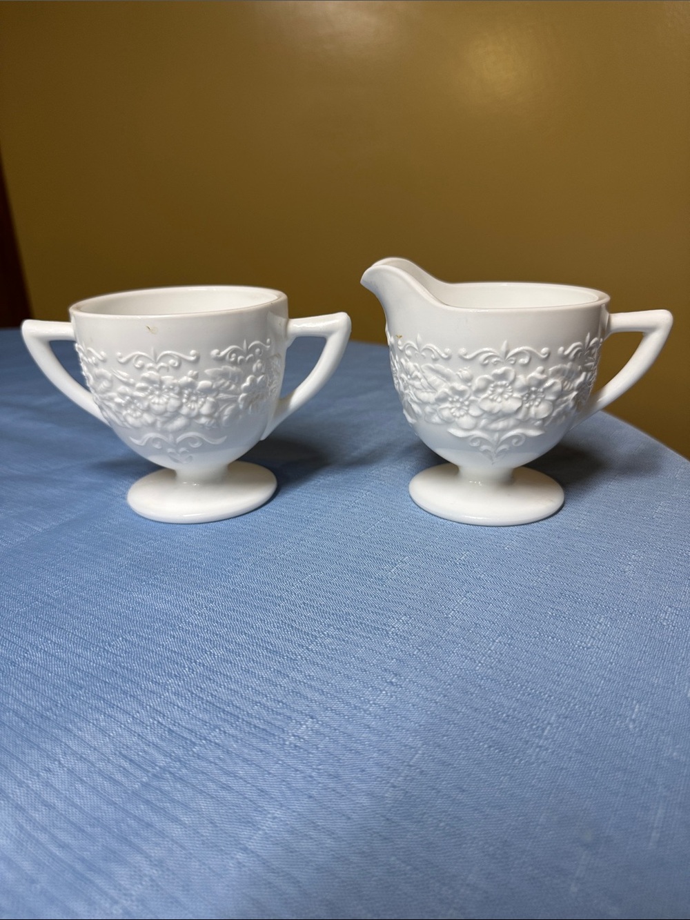 Indiana Milk Glass ORANGE BLOSSOM-Flower & Leaf Band Creamer and Sugar Bowl Set